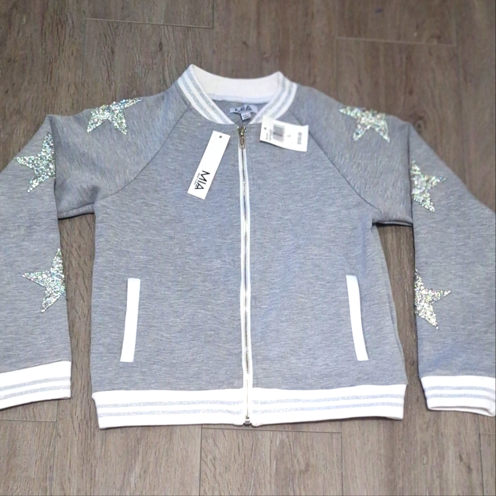 MIA New York Star Patch Grey Knit Jacket Girls Large sz 12? Sequin Stars
